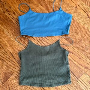 2 Garage cropped tanks Teal Blue and Olive Green